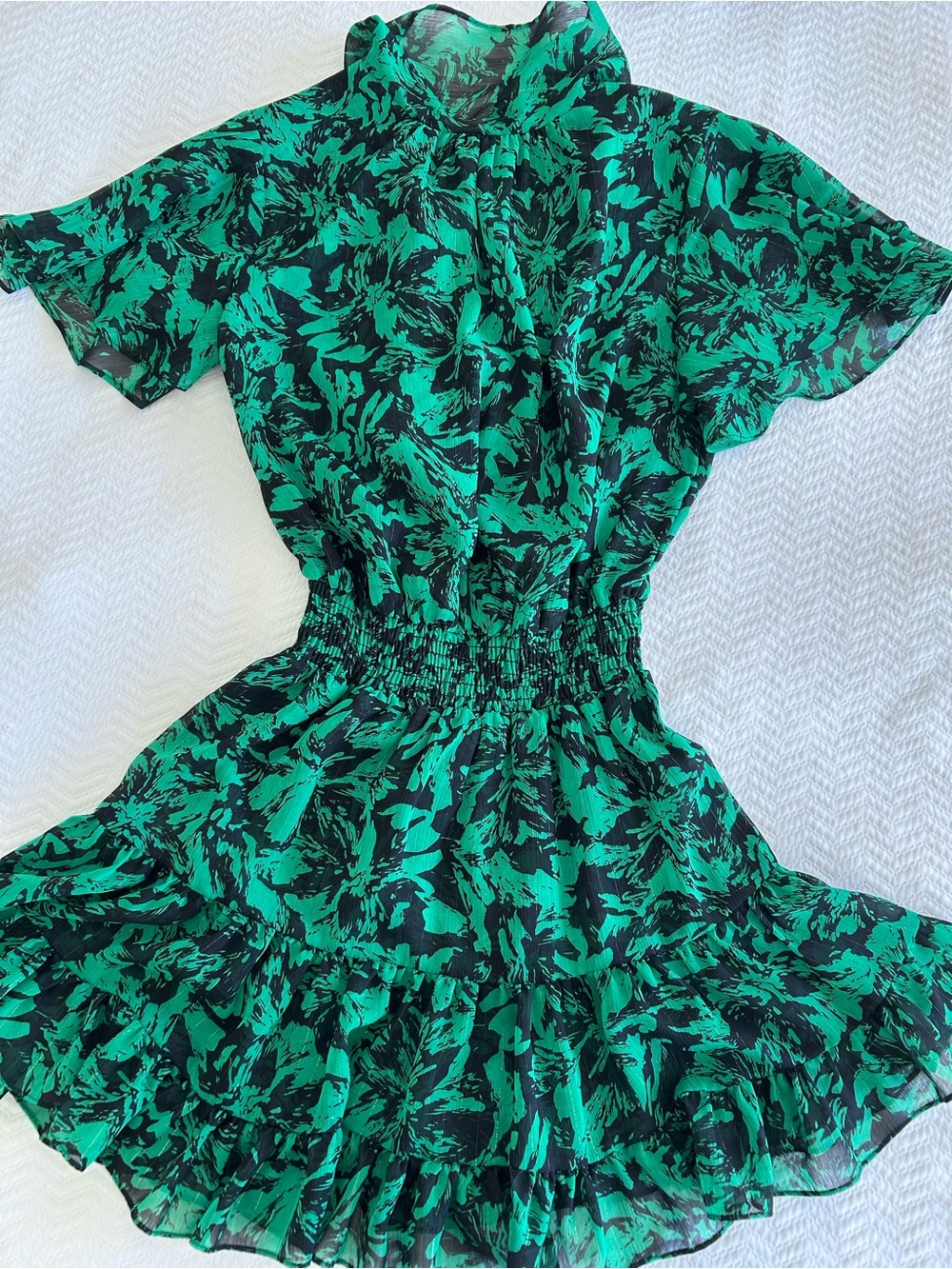 Misa Los Angeles Green and Black Floral Short Sleeve Mini Dress